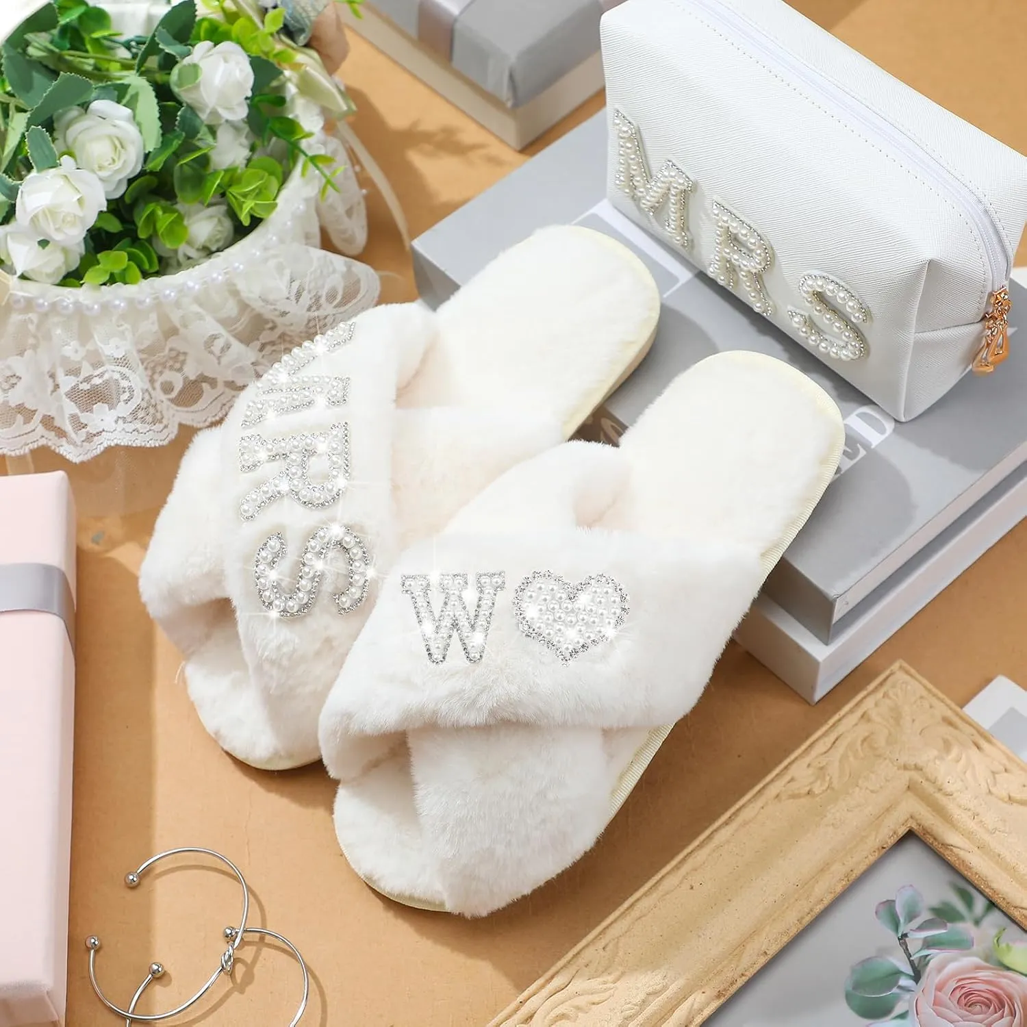 Xtinmee Personalized Initial Wedding Bride Slippers MRS Pearl Letter Makeup Bag Bridal Shower Gifts for Wedding Day (W)
