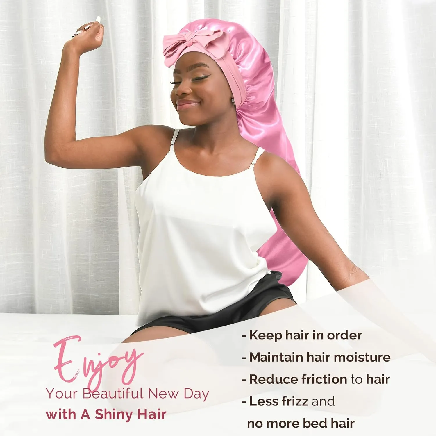 YANIBEST 2Pcs Silk Bonnet for Sleeping Braid Bonnet for Long Hair with Tie Band Bonnet for Braids for Black Women Curly Hair Locs, Black&Pink