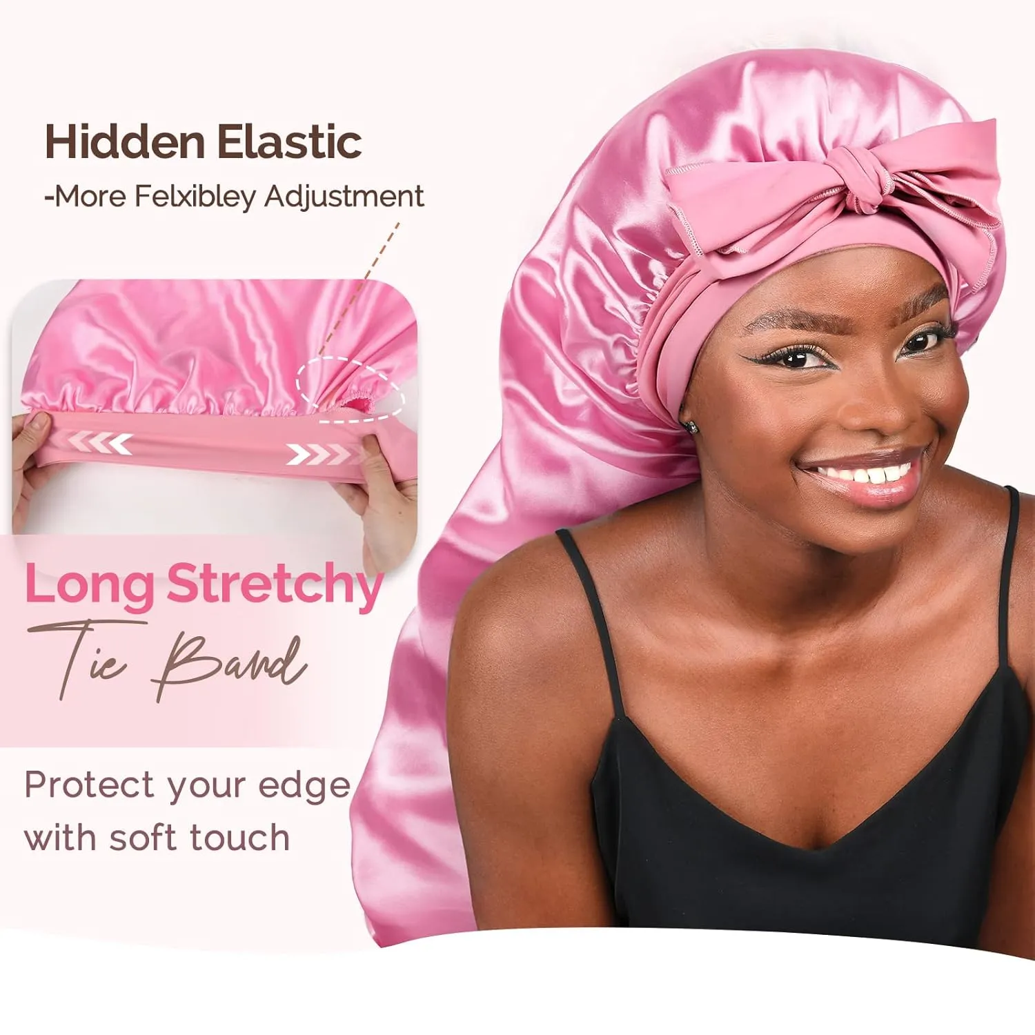 YANIBEST 2Pcs Silk Bonnet for Sleeping Braid Bonnet for Long Hair with Tie Band Bonnet for Braids for Black Women Curly Hair Locs, Black&Pink