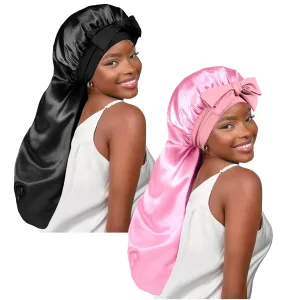 YANIBEST 2Pcs Silk Bonnet for Sleeping Braid Bonnet for Long Hair with Tie Band Bonnet for Braids for Black Women Curly Hair Locs, Black&Pink