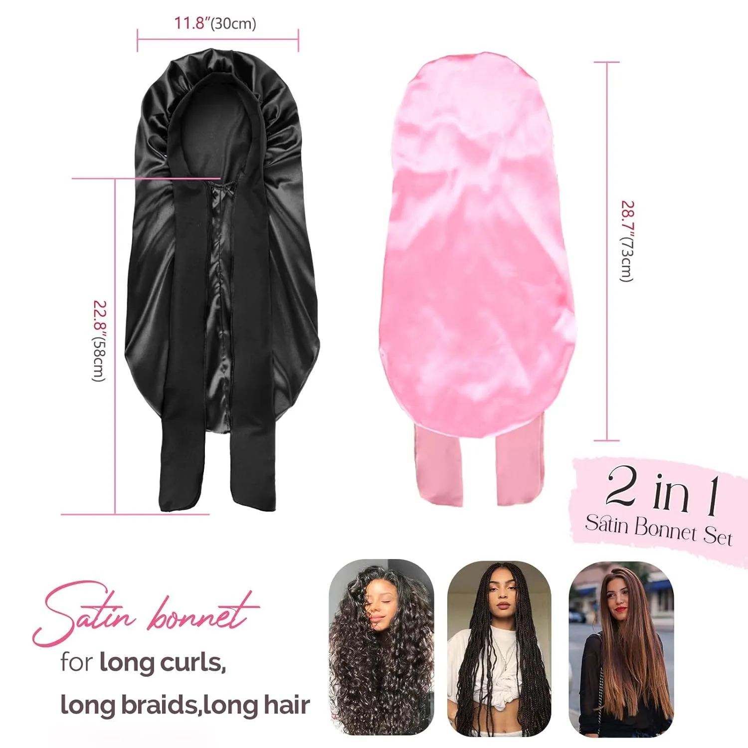 YANIBEST 2Pcs Silk Bonnet for Sleeping Braid Bonnet for Long Hair with Tie Band Bonnet for Braids for Black Women Curly Hair Locs, Black&Pink