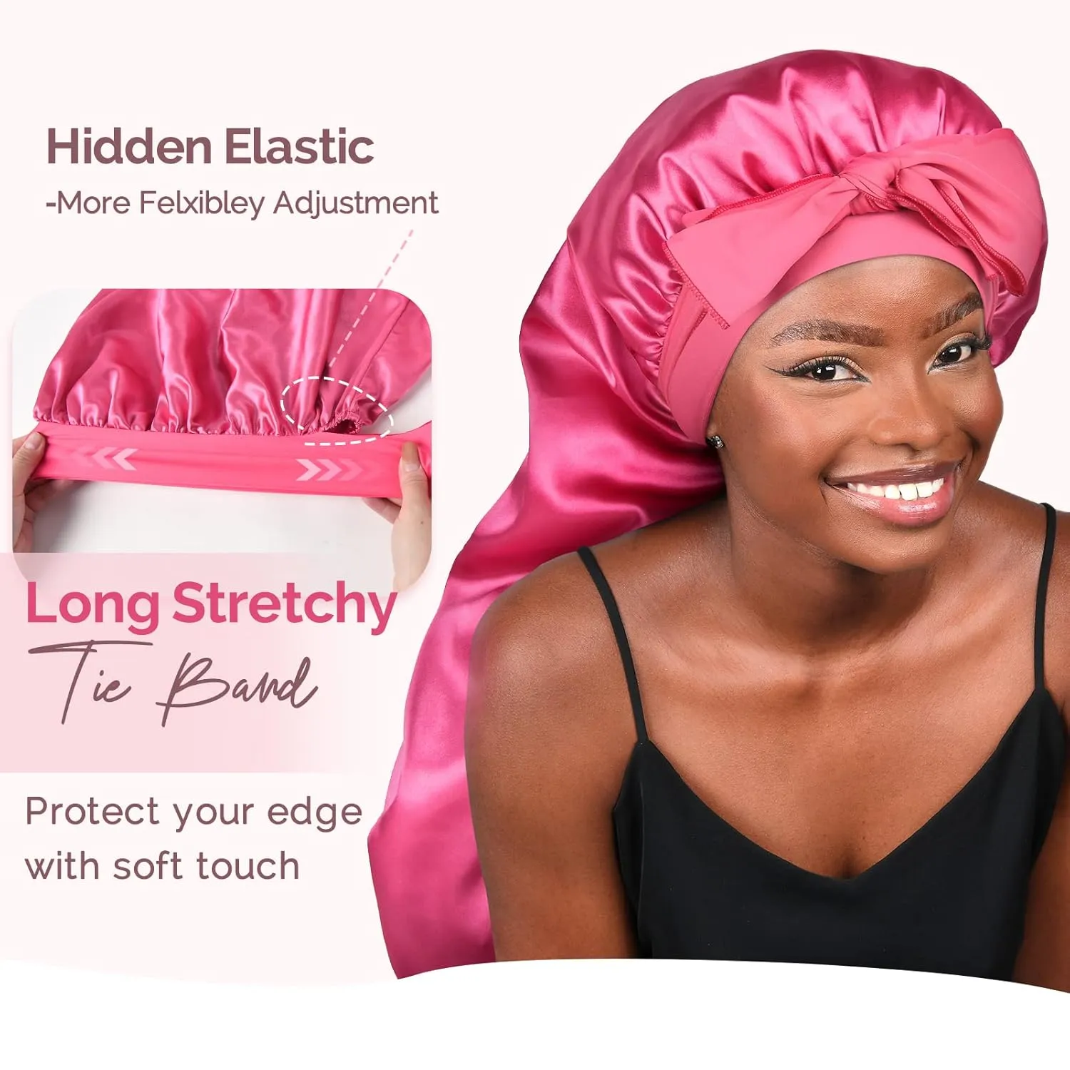 YANIBEST 2Pcs Silk Bonnet for Sleeping Braid Bonnet for Long Hair with Tie Band Bonnet for Braids for Black Women Curly Hair Locs,Hot Pink&Pink