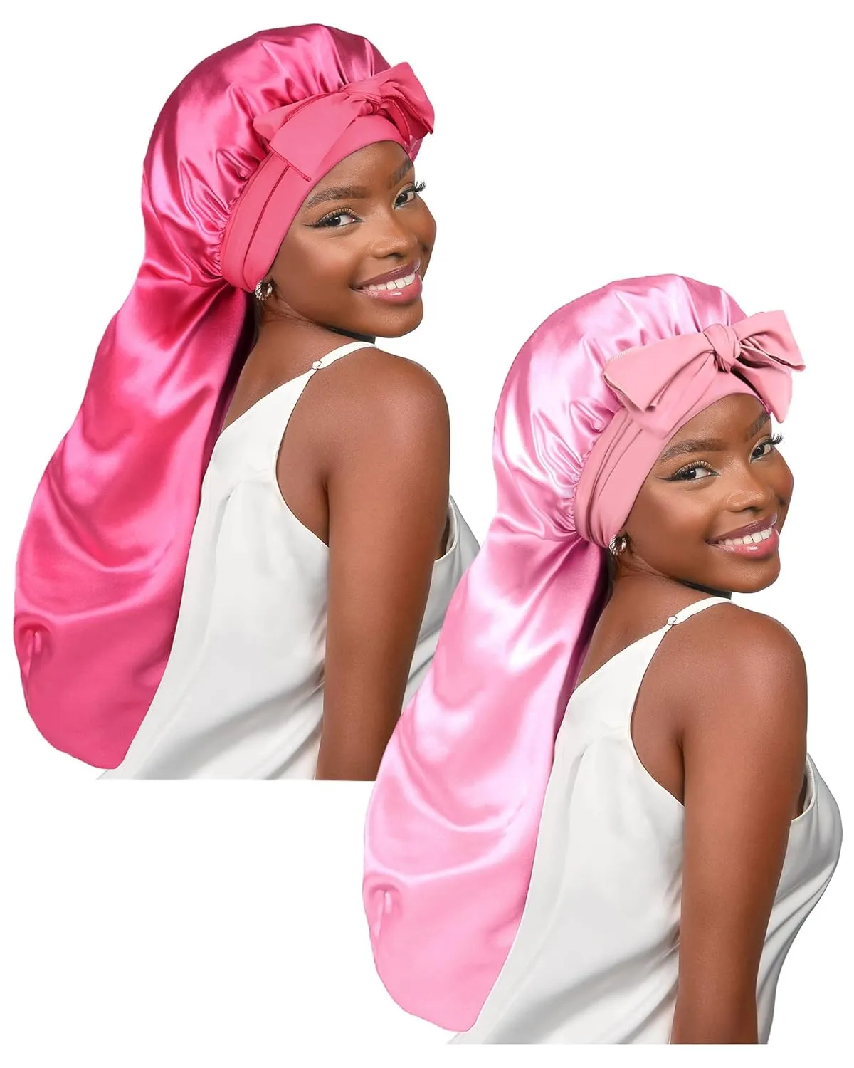 YANIBEST 2Pcs Silk Bonnet for Sleeping Braid Bonnet for Long Hair with Tie Band Bonnet for Braids for Black Women Curly Hair Locs,Hot Pink&Pink