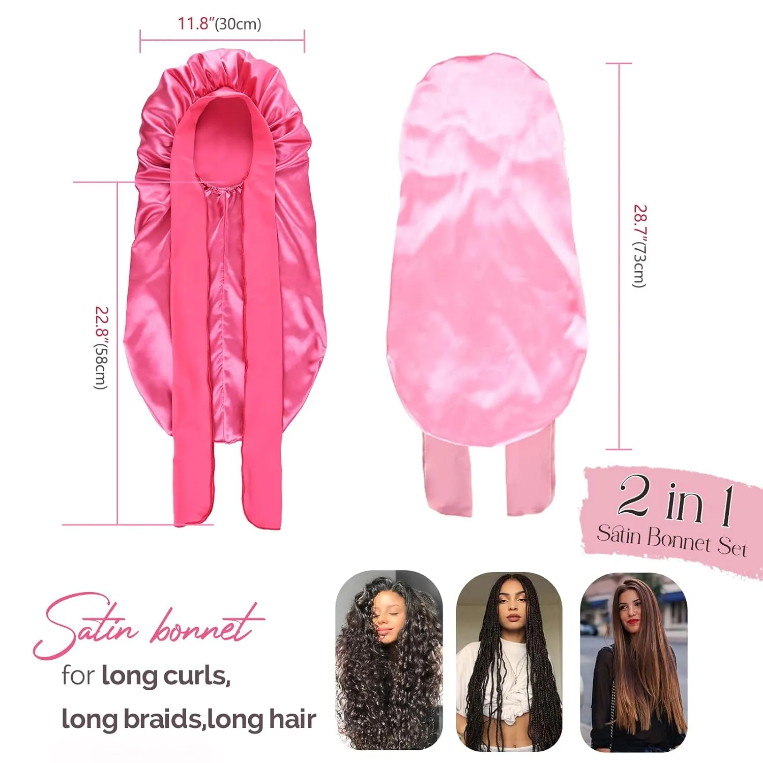 YANIBEST 2Pcs Silk Bonnet for Sleeping Braid Bonnet for Long Hair with Tie Band Bonnet for Braids for Black Women Curly Hair Locs,Hot Pink&Pink