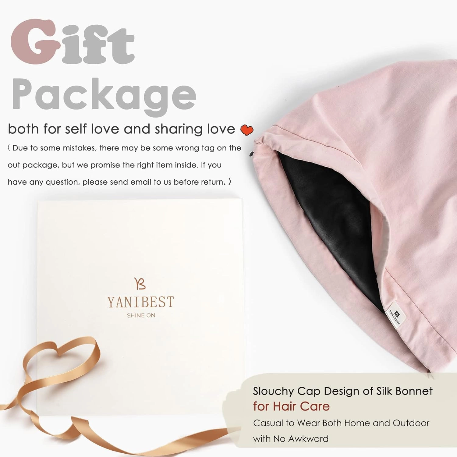 Yanibest 100% Mulberry Silk Lined Sleep Cap Silk Bonnet for Sleeping - Pink Hair Bonnet for Natural Hair Adjustable Slouchy Beanie Hat