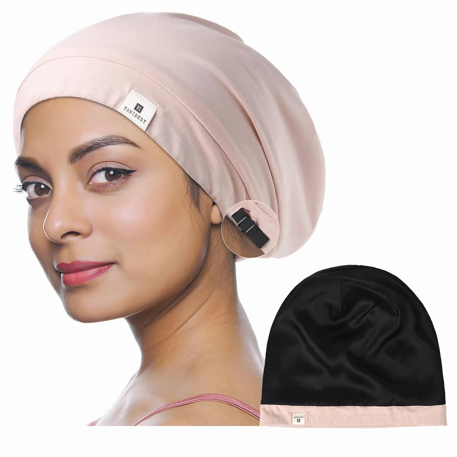 Yanibest 100% Mulberry Silk Lined Sleep Cap Silk Bonnet for Sleeping - Pink Hair Bonnet for Natural Hair Adjustable Slouchy Beanie Hat