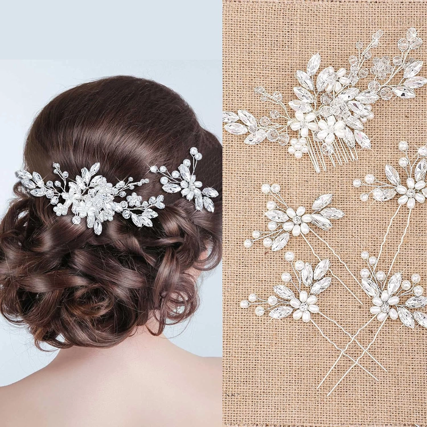 Yeshone 5 Pieces Wedding Hair Comb Bridal Hair Pins Crystal Pearl Hair Accessories Rhinestone Flower Piece for Wedding Bride Women(Silver)