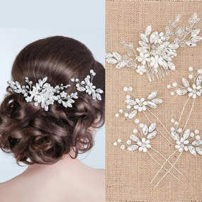 Yeshone 5 Pieces Wedding Hair Comb Bridal Hair Pins Crystal Pearl Hair Accessories Rhinestone Flower Piece for Wedding Bride Women(Silver)