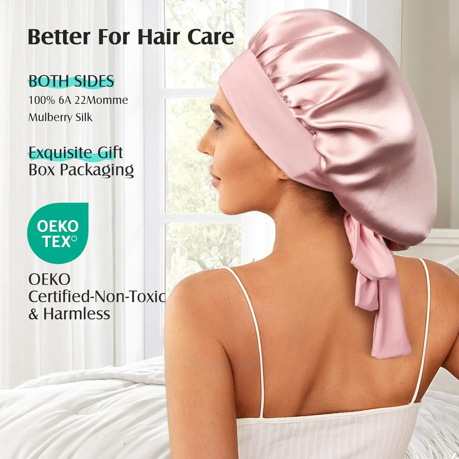 YFONG 100% 22 Momme Mulberry Silk Bonnet for Sleeping Women, Larger Double Layer Silk Hair Wrap for Curly Short Long Hair, Non-Slip Sleep Cap Turban with Elastic Tie Band for Hair Care, Pink