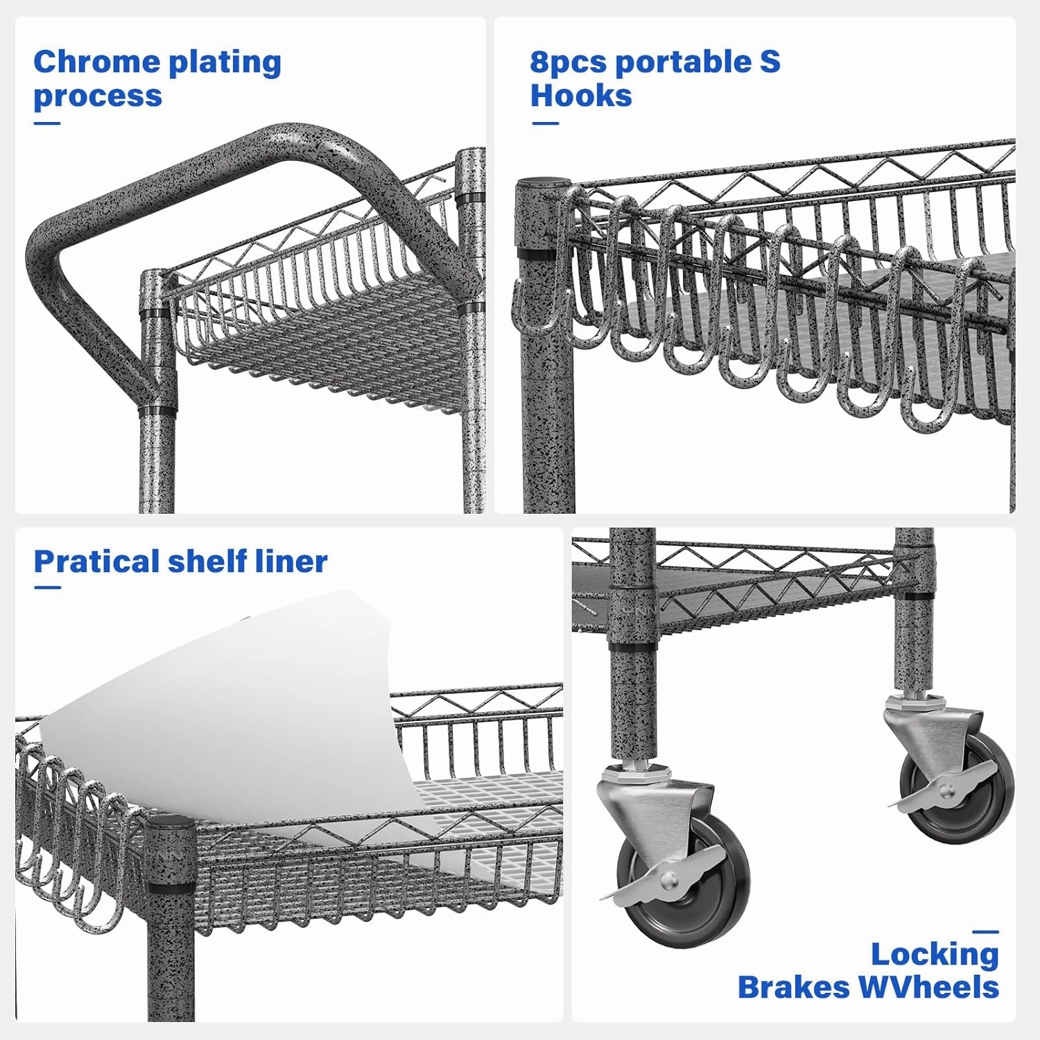 YNN Utility Rolling Cart,990Lbs 3 Tier Heavy Duty Metal Cart with Wheels & Handle NSF Wheeled Cart 31" D x 18" W x 33" H for Bedroom, Bathroom, Kitchen,Garden,Decor,Serving