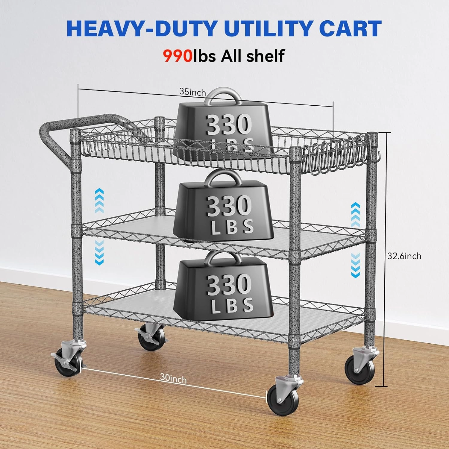 YNN Utility Rolling Cart,990Lbs 3 Tier Heavy Duty Metal Cart with Wheels & Handle NSF Wheeled Cart 31" D x 18" W x 33" H for Bedroom, Bathroom, Kitchen,Garden,Decor,Serving
