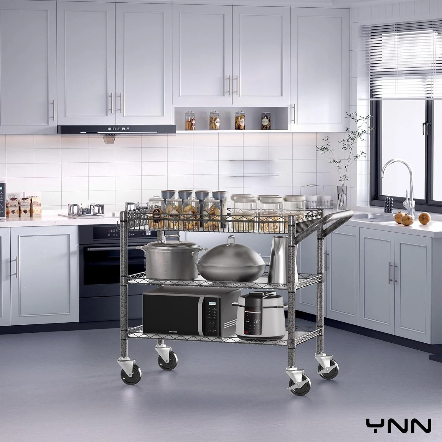 YNN Utility Rolling Cart,990Lbs 3 Tier Heavy Duty Metal Cart with Wheels & Handle NSF Wheeled Cart 31" D x 18" W x 33" H for Bedroom, Bathroom, Kitchen,Garden,Decor,Serving