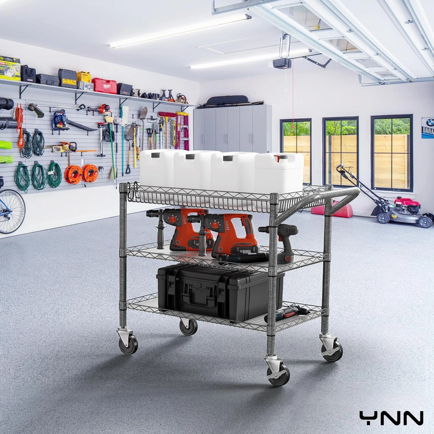 YNN Utility Rolling Cart,990Lbs 3 Tier Heavy Duty Metal Cart with Wheels & Handle NSF Wheeled Cart 31" D x 18" W x 33" H for Bedroom, Bathroom, Kitchen,Garden,Decor,Serving
