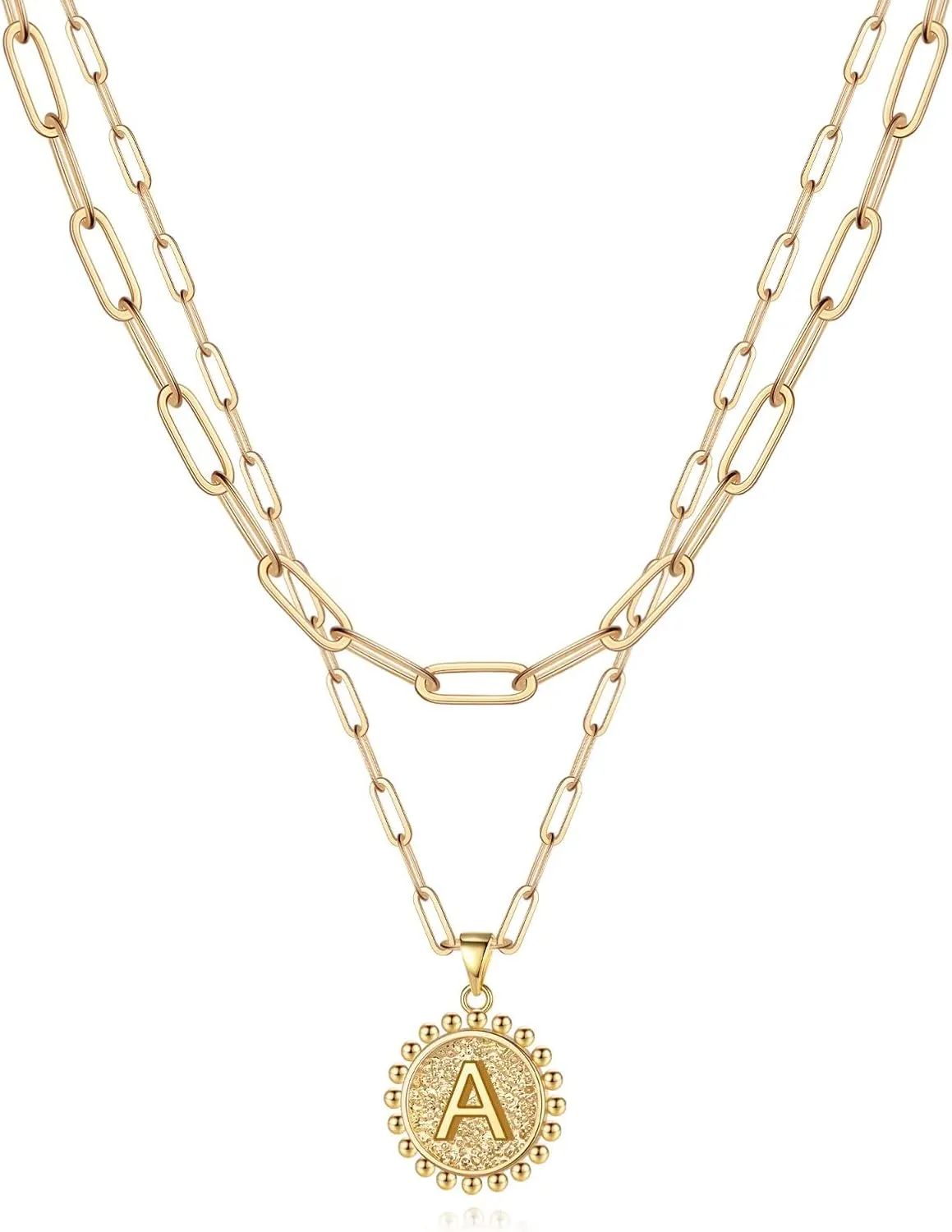 Yoosteel Mothers Day Gifts - Gold Initial Necklaces for Women, 14K Gold Plated Dainty Layering Paperclip Link Chain Necklace Personalized Coin Initial Layered Gold Necklaces for Women