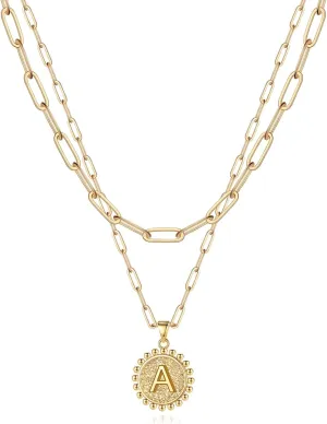Yoosteel Mothers Day Gifts - Gold Initial Necklaces for Women, 14K Gold Plated Dainty Layering Paperclip Link Chain Necklace Personalized Coin Initial Layered Gold Necklaces for Women