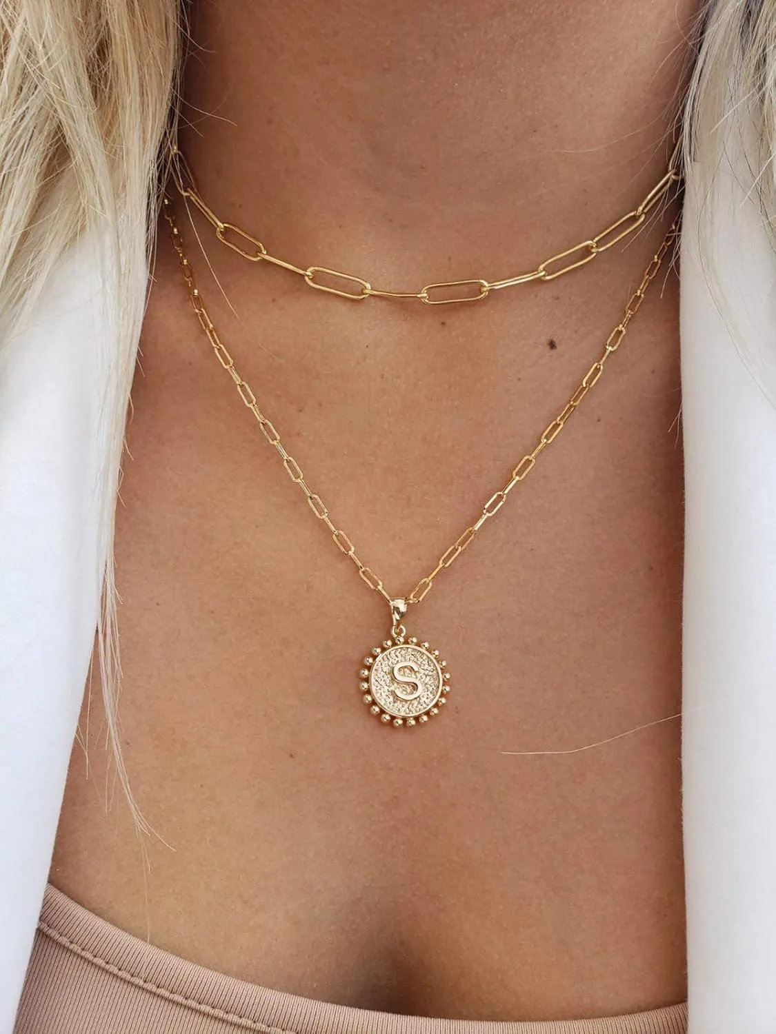 Yoosteel Mothers Day Gifts - Gold Initial Necklaces for Women, 14K Gold Plated Dainty Layering Paperclip Link Chain Necklace Personalized Coin Initial Layered Gold Necklaces for Women