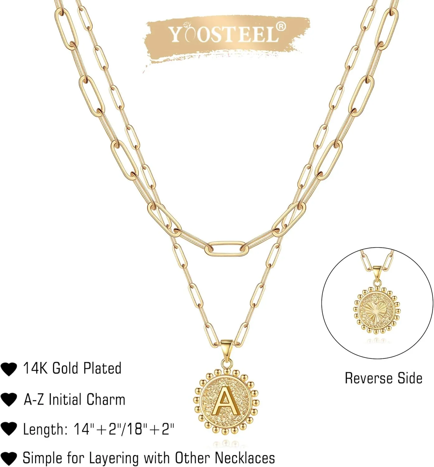 Yoosteel Mothers Day Gifts - Gold Initial Necklaces for Women, 14K Gold Plated Dainty Layering Paperclip Link Chain Necklace Personalized Coin Initial Layered Gold Necklaces for Women