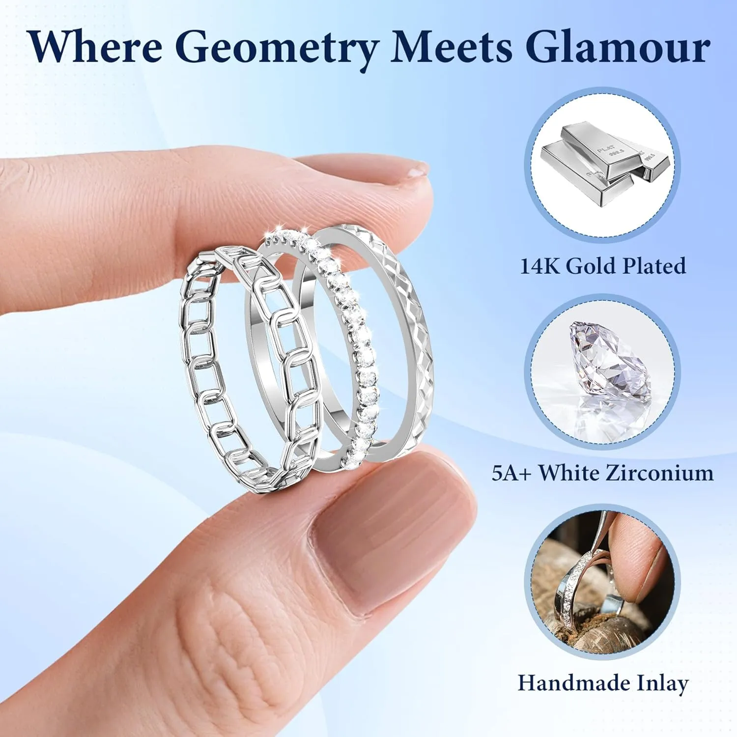 YWXTW 3 Pack 14K Gold-Plated Non Tarnish Stacking Rings for Oura Gen 4/Ultrahuman/Samsung/Diamond, Timeless Elegance White Zirconia Engagement/Promise Oura Stack Band Gift for Women