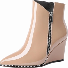Zamikoo Women's Wedge Ankle Boots V Cutout Sliver Beaded Wedge Heel Chelsea Boots Slip On Side Zipper Patent Leather Booties for Lady 3.5 Inches