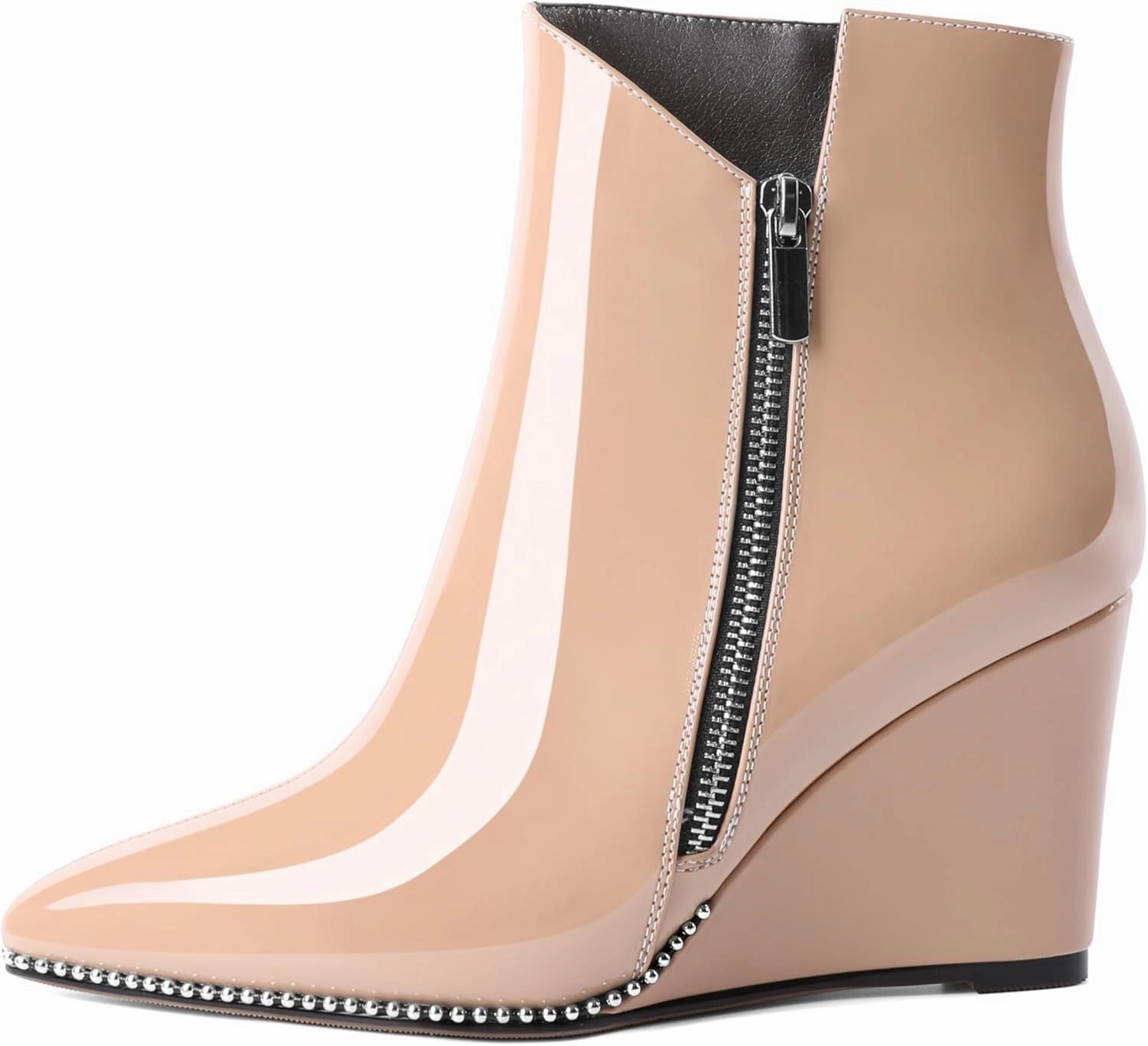Zamikoo Women's Wedge Ankle Boots V Cutout Sliver Beaded Wedge Heel Chelsea Boots Slip On Side Zipper Patent Leather Booties for Lady 3.5 Inches