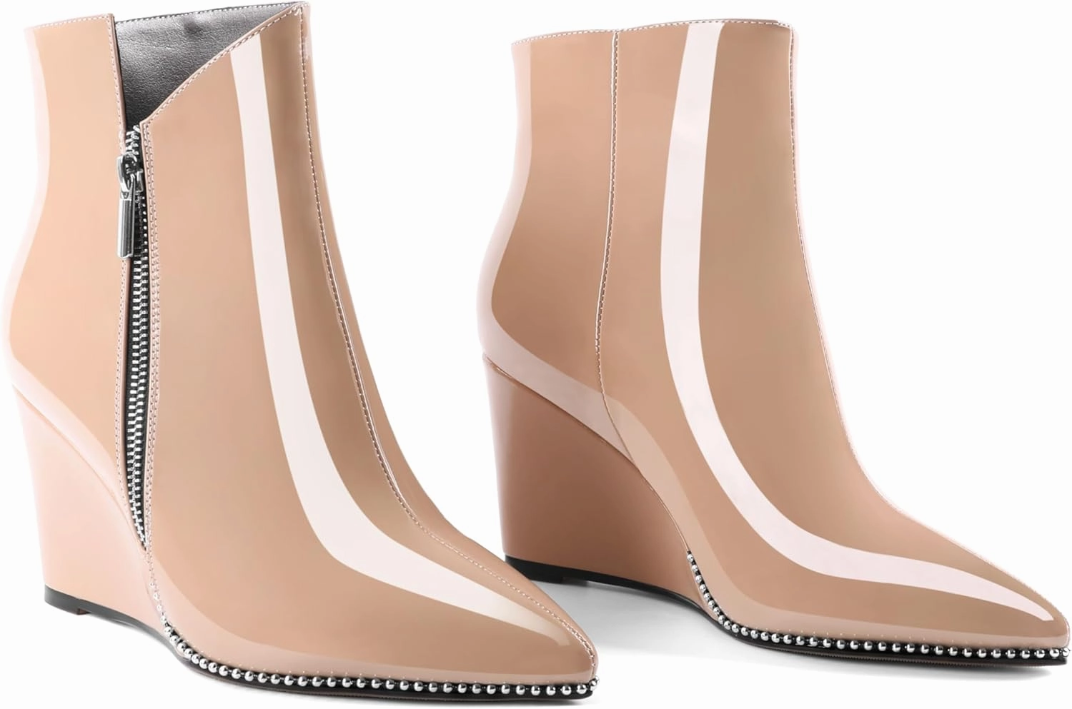 Zamikoo Women's Wedge Ankle Boots V Cutout Sliver Beaded Wedge Heel Chelsea Boots Slip On Side Zipper Patent Leather Booties for Lady 3.5 Inches