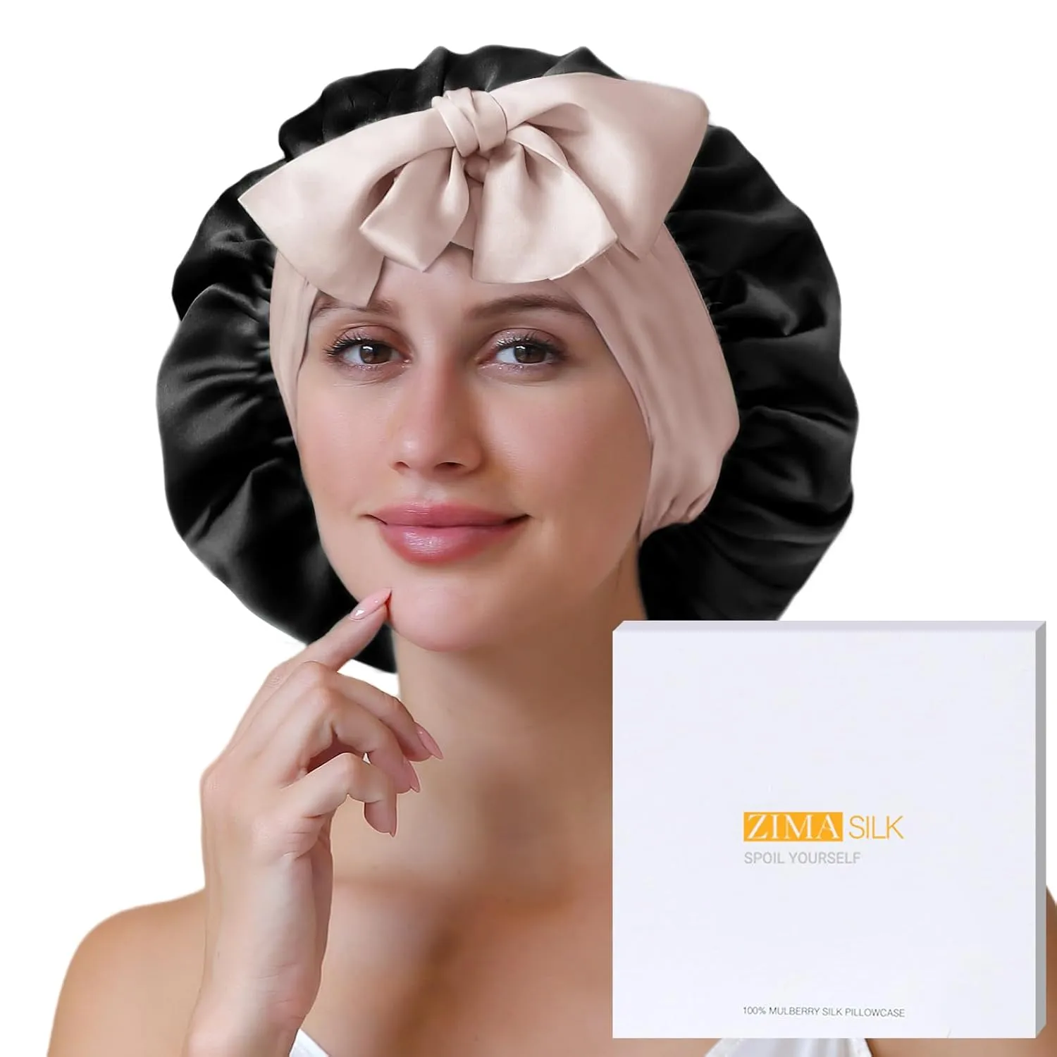 ZIMASILK 100% Mulberry Silk Bonnet for Sleeping Women Double Layer Hair Wrap with Silk Tie Band Natural Cap for Hair Care Stay on Head (1Pc, Black   Pink)