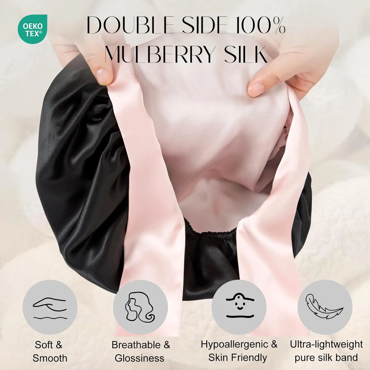 ZIMASILK 100% Mulberry Silk Bonnet for Sleeping Women Double Layer Hair Wrap with Silk Tie Band Natural Cap for Hair Care Stay on Head (1Pc, Black   Pink)