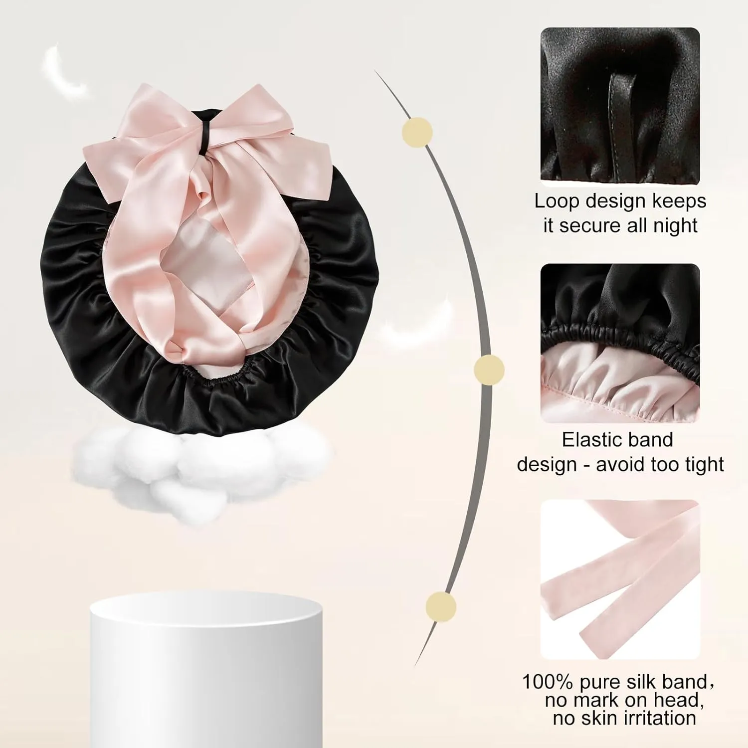 ZIMASILK 100% Mulberry Silk Bonnet for Sleeping Women Double Layer Hair Wrap with Silk Tie Band Natural Cap for Hair Care Stay on Head (1Pc, Black   Pink)