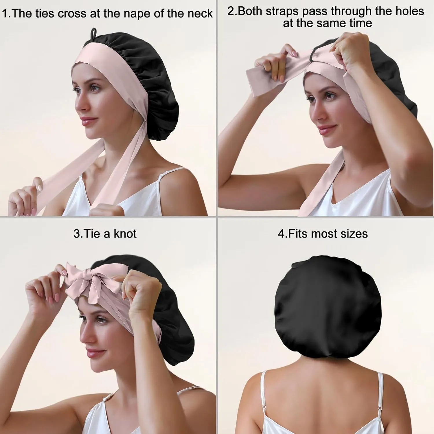 ZIMASILK 100% Mulberry Silk Bonnet for Sleeping Women Double Layer Hair Wrap with Silk Tie Band Natural Cap for Hair Care Stay on Head (1Pc, Black   Pink)