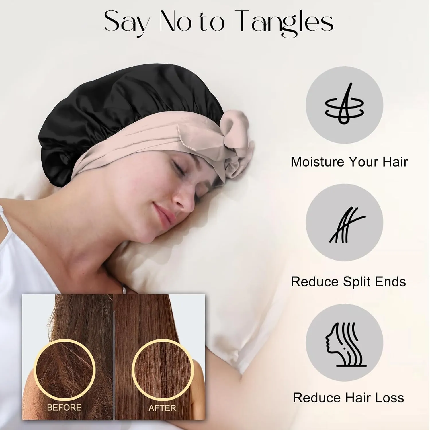 ZIMASILK 100% Mulberry Silk Bonnet for Sleeping Women Double Layer Hair Wrap with Silk Tie Band Natural Cap for Hair Care Stay on Head (1Pc, Black   Pink)