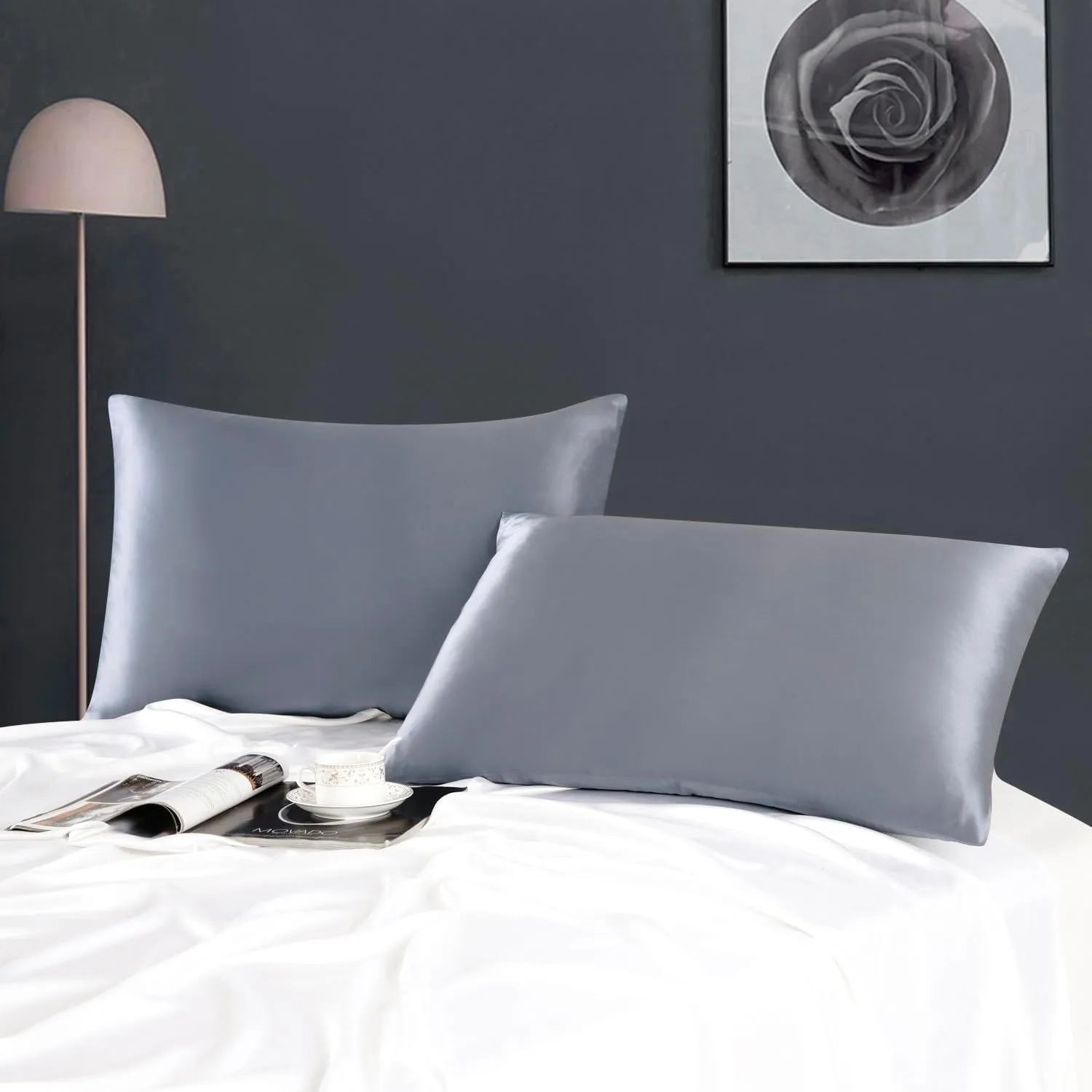 ZIMASILK 100% Pure Mulberry Silk Pillowcase for Hair and Skin Health,Soft and Smooth,Both Sides Premium Grade 6A Silk,600 Thread Count,with Hidden Zipper,1pc (Queen 20''x30'',Gray Blue)