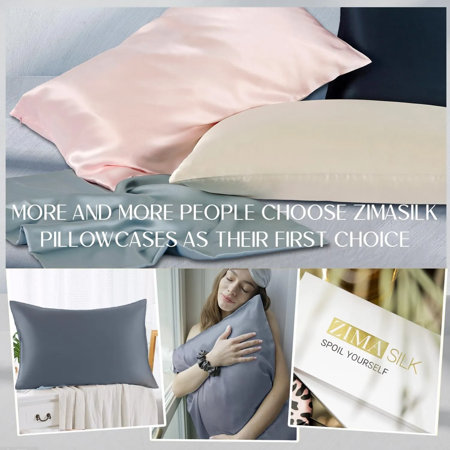 ZIMASILK 100% Pure Mulberry Silk Pillowcase for Hair and Skin Health,Soft and Smooth,Both Sides Premium Grade 6A Silk,600 Thread Count,with Hidden Zipper,1pc (Queen 20''x30'',Gray Blue)