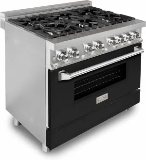 ZLINE 36 in. 4.6 cu. ft. Legacy Dual Fuel Range with 6 Burner Gas Cooktop and Electric Convection Oven in Stainless Steel and Black Matte Door (RA-BLM-36)