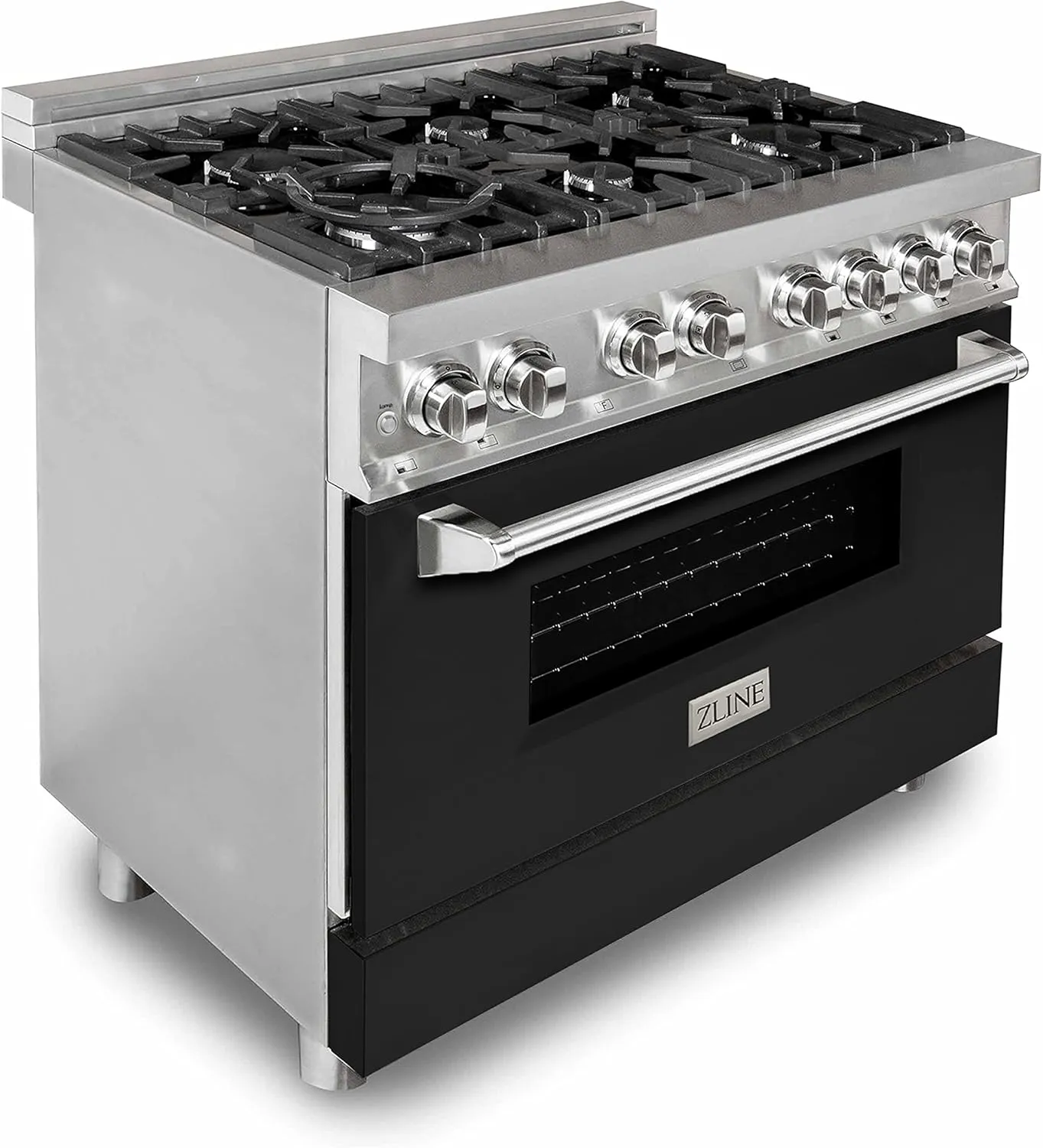 ZLINE 36 in. 4.6 cu. ft. Legacy Dual Fuel Range with 6 Burner Gas Cooktop and Electric Convection Oven in Stainless Steel and Black Matte Door (RA-BLM-36)