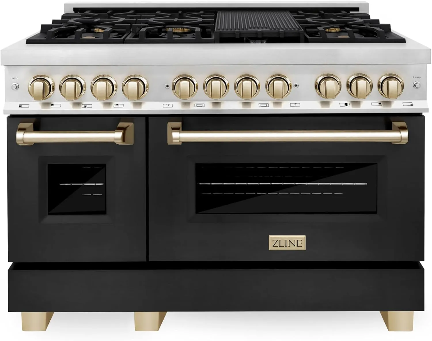 ZLINE Autograph Edition 48 in. 6.0 cu. ft. Legacy Dual Fuel Range with 7 Burner Gas Cooktop and 2 Electric Ovens in Stainless Steel with Black Matte Doors and Polished Gold Accents (RAZ-BLM-48-G)