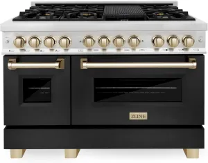 ZLINE Autograph Edition 48 in. 6.0 cu. ft. Legacy Dual Fuel Range with 7 Burner Gas Cooktop and 2 Electric Ovens in Stainless Steel with Black Matte Doors and Polished Gold Accents (RAZ-BLM-48-G)