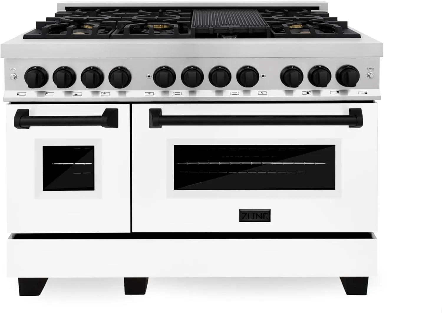 ZLINE Autograph Edition 48 in. 6.0 cu. ft. Legacy Dual Fuel Range with 7 Burner Gas Cooktop and 2 Electric Ovens in Stainless Steel with White Matte Doors and Matte Black Accents (RAZ-WM-48-MB)