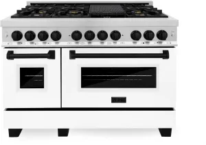 ZLINE Autograph Edition 48 in. 6.0 cu. ft. Legacy Dual Fuel Range with 7 Burner Gas Cooktop and 2 Electric Ovens in Stainless Steel with White Matte Doors and Matte Black Accents (RAZ-WM-48-MB)
