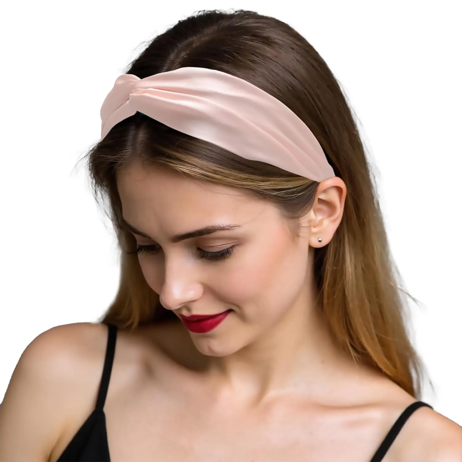 ZLYC Mulberry Silk Headband Elastic Twist Knotted Head Bands for Women's Hair, Solid Light Pink