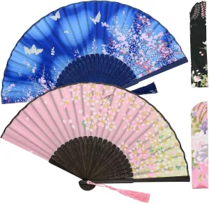 Zolee 2 PCS Small Folding Hand Fans for Women - Chinese Japanese Vintage Bamboo Silk Fans - for Dance, Performance, Decoration, Wedding, Party，Gift (Blue & Pink Sakura)